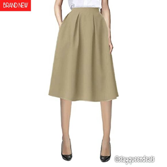 Knee Length A-Line Midi Skirt Elastic Waist Pockets Work Casual - Picture 2 of 5